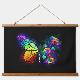Tapiz Con Marco De Madera Mariposa florida arcoiris