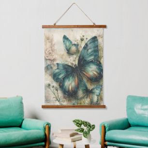 Tapiz Con Marco De Madera Mariposas Verdes Vintage
