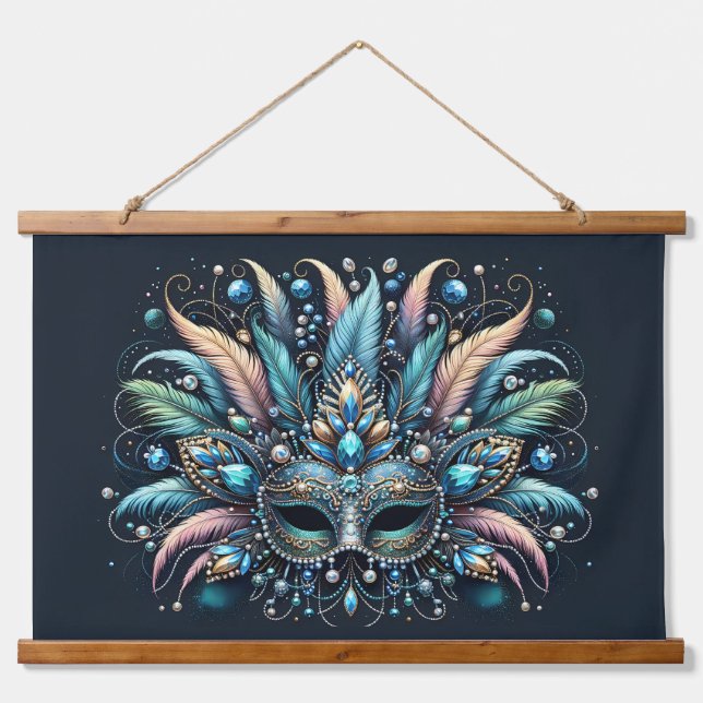 Tapiz Con Marco De Madera Máscara de joyas de plumas de Mascarada Boho (Anverso )