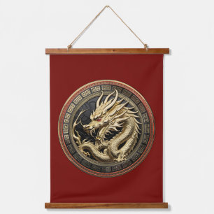 Tapiz Con Marco De Madera Medallón de Dragón Oriental Sagrado de Oro