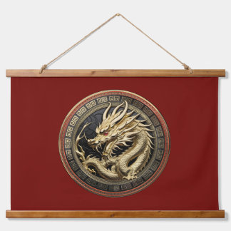 Tapiz Con Marco De Madera Medallón de Dragón Oriental Sagrado de Oro