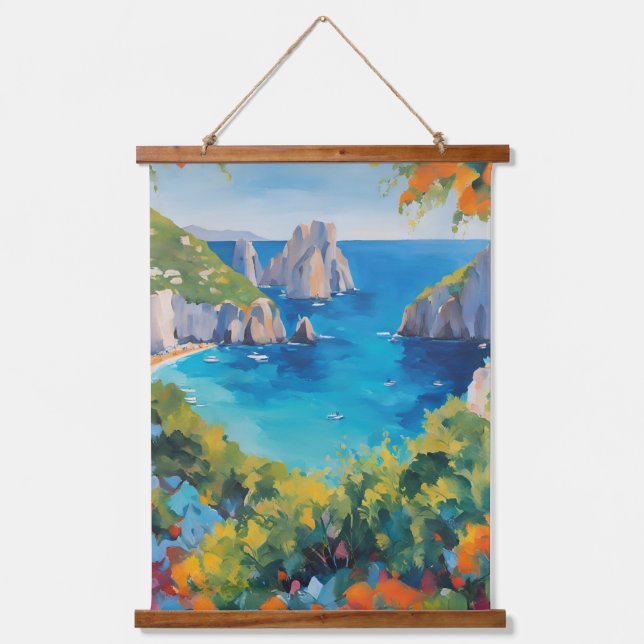 Tapiz Con Marco De Madera Mediterranean Coast Seascape Italy Floral Art (Anverso)