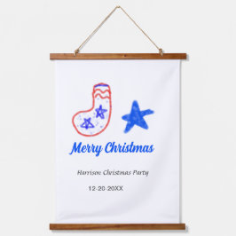 Tapiz Con Marco De Madera Merry Christmas blue star red stockings name date 