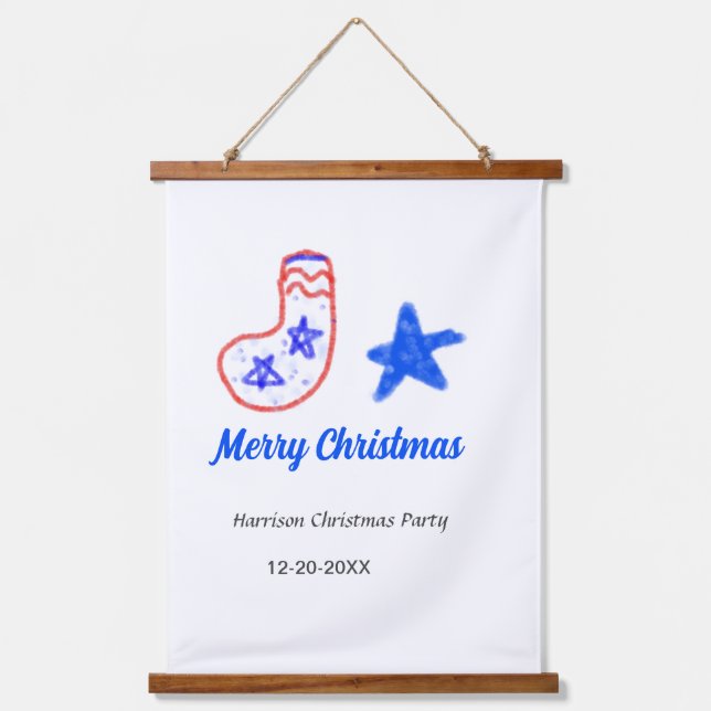 Tapiz Con Marco De Madera Merry Christmas blue star red stockings name date  (Anverso)