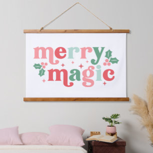 Tapiz Con Marco De Madera Merry Magic - Tipografía de vacaciones coloridas