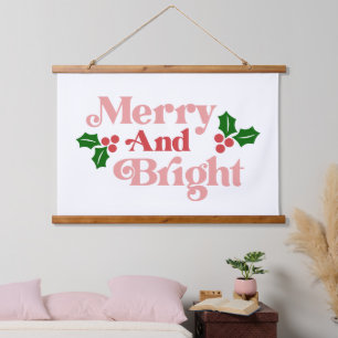 Tapiz Con Marco De Madera Merry y Bright - Tipografía clásica de vacaciones
