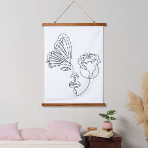 Tapiz Con Marco De Madera Metamorfosis – Arte de línea abstracta de mariposa