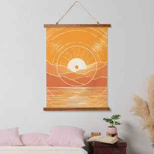 Tapiz Con Marco De Madera Minimalista Montaña Océano Atardecer Retro Zen