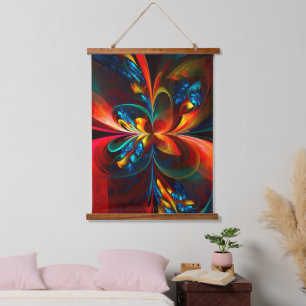 Tapiz Con Marco De Madera Modern Floral Resumen Art Naranja Patrón Azul #14