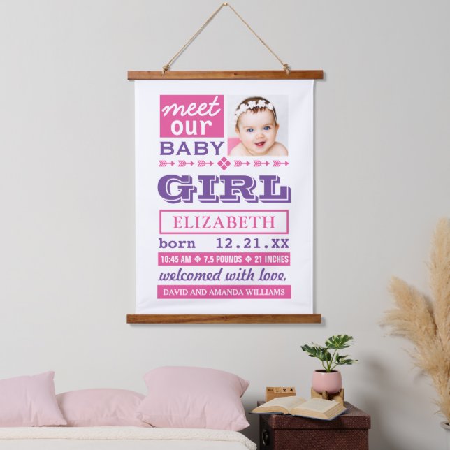 Tapiz Con Marco De Madera Modern Pink Purple Baby Girl Photo Birth Stats (Dormitorio)