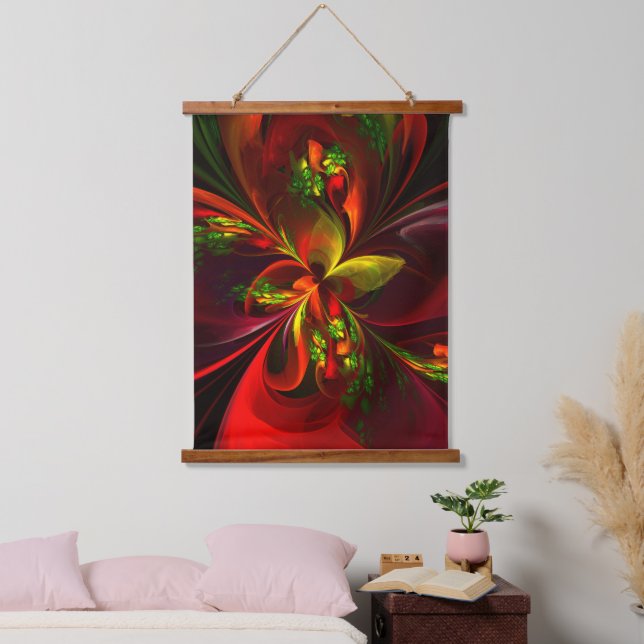 Tapiz Con Marco De Madera Modern Red Green Floral Abstract Art Pattern #05 (Dormitorio)