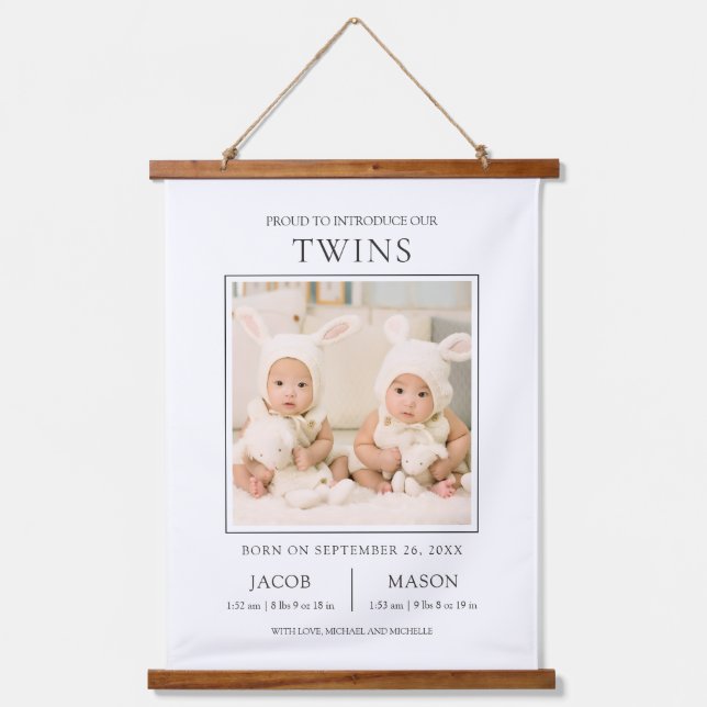 Tapiz Con Marco De Madera Modern Sweet Twins Photo Birth Announcement (Anverso)