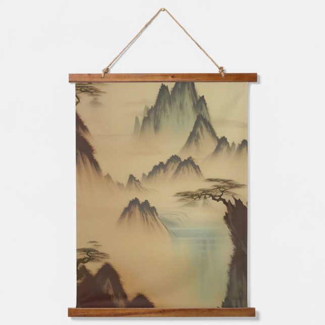 Tapiz Con Marco De Madera Montañas De Pintura Y Cascada Chinas (Anverso)