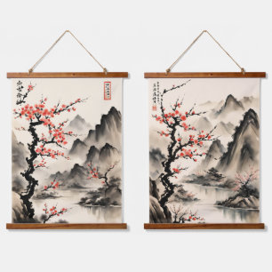 Tapiz Con Marco De Madera Montañas japonesas en un bendecido paisaje fluvial