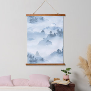 Tapiz Con Marco De Madera Montañas minimalistas cubiertas de nieve azul blan