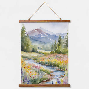 Tapiz Con Marco De Madera Montañas Naturaleza Árboles Watercolor Creek Escen