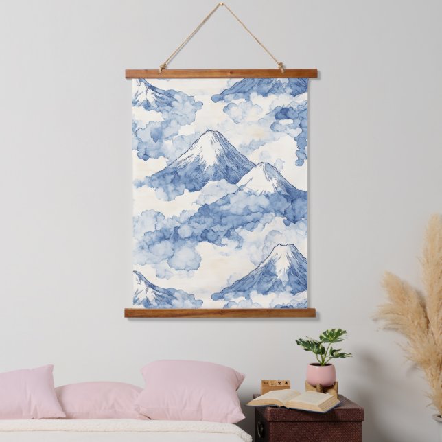 Tapiz Con Marco De Madera Montañas nevadas azules equilibradas (Dormitorio)