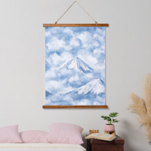 Tapiz Con Marco De Madera Montañas Nubes Nieve Acuarela Suave Azul Blanco
