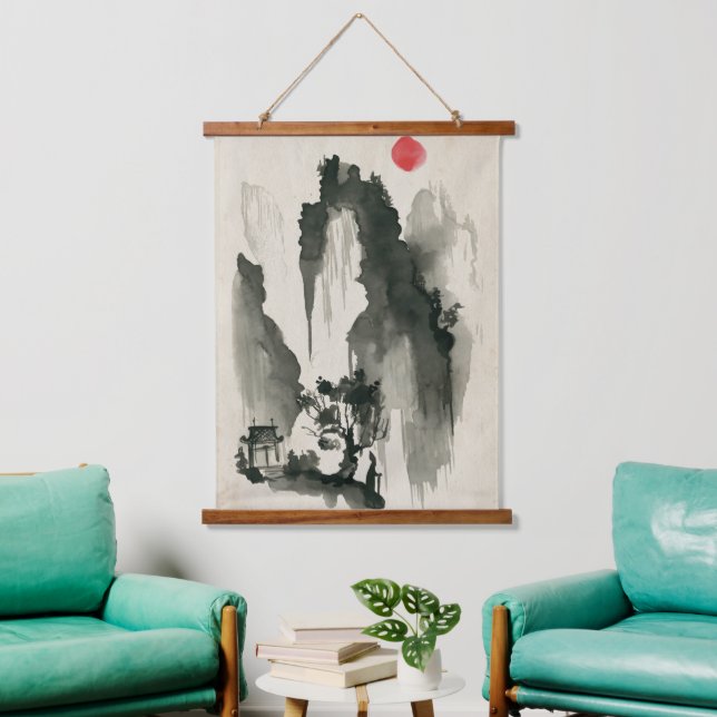 Tapiz Con Marco De Madera Montañas Sumi-e con monasterio y monje (Sala de estar)