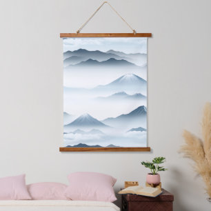 Tapiz Con Marco De Madera Montañas Tranquilas Nieve Azul Blanco Escena