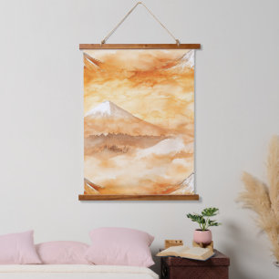 Tapiz Con Marco De Madera Monte Fuji al amanecer acuarela paisaje naranja
