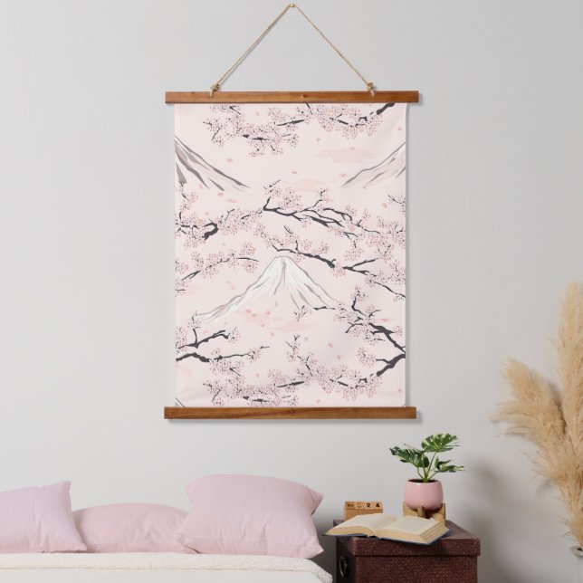 Tapiz Con Marco De Madera Monte Fuji con flores de cerezo – Japonés (Dormitorio)