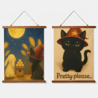 Tapiz Con Marco De Madera Moon Viewing Night – Black Cat and Rabbit under th