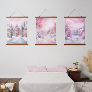 Tapiz Con Marco De Madera Morena de invierno de cuento de hadas rosadas