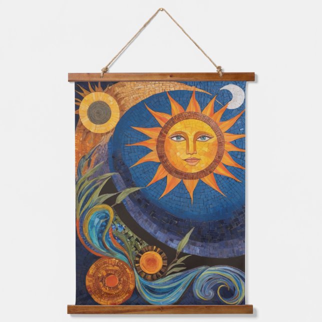 Tapiz Con Marco De Madera Mosaico de Sol Radiante Celestial Vibrante  (Anverso)