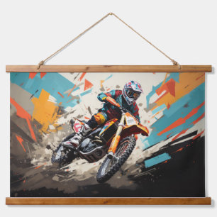 Tapiz Con Marco De Madera Motocross Action Sport Pintura Resumen Decor Art