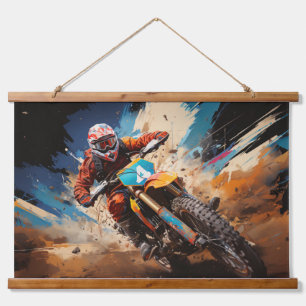 Tapiz Con Marco De Madera Motocross Action Sport Pintura Resumen Decor Art