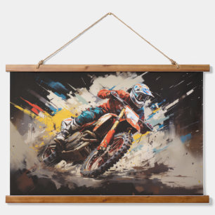 Tapiz Con Marco De Madera Motocross Action Sport Pintura Resumen Decor Art