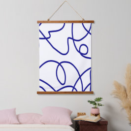 Tapiz Con Marco De Madera Movimiento: Línea de arte en azul y blanco