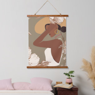 Tapiz Con Marco De Madera Mujer Boho con Arte de Línea Floral Estética Neutr