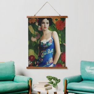Tapiz Con Marco De Madera Mujer de estilo Art Déco elegante con grandes flor
