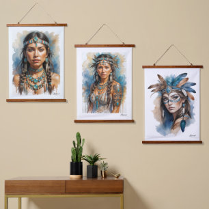 Tapiz Con Marco De Madera Mujer Hermosa Boho Nativa Americana Con Joyas