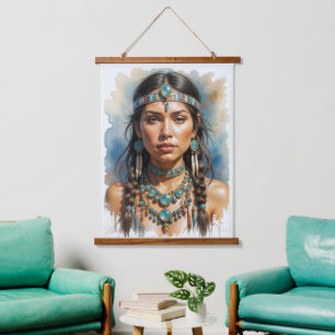 Tapiz Con Marco De Madera Mujer Hermosa Boho Nativa Americana Con Joyas