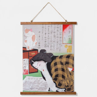 Tapiz Con Marco De Madera Mujer japonesa con gato, Tsukioka Yoshitoshi