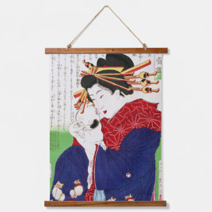 Tapiz Con Marco De Madera Mujer Japonesa Sosteniendo un Gato, Tsukioka Yoshi