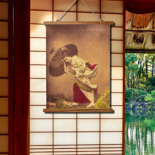 Tapiz Con Marco De Madera Mujer japonesa vintage en el viento 