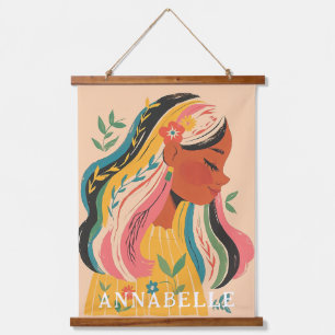 Tapiz Con Marco De Madera Mujer Niña Boho Ilustración Floral Primer Nombre
