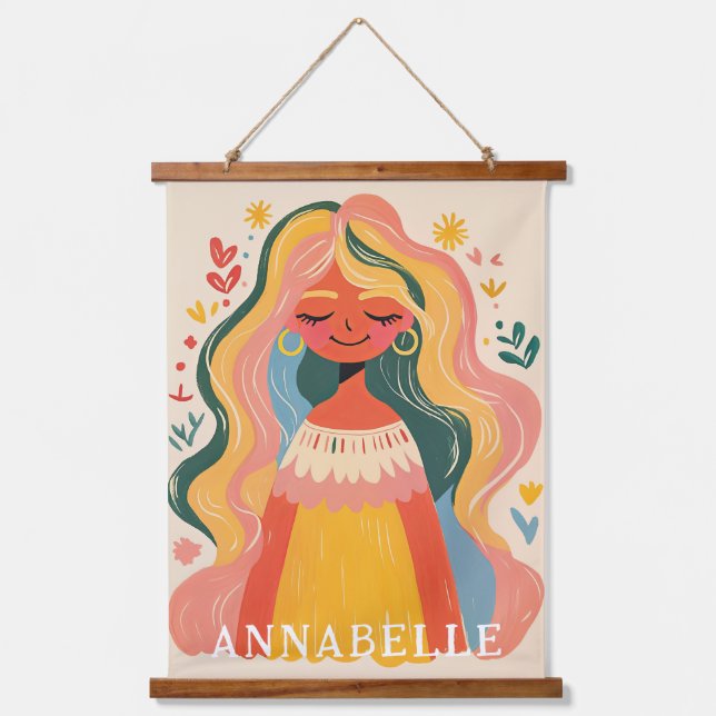 Tapiz Con Marco De Madera Mujer Niña Boho Ilustración Floral Primer Nombre (Anverso)