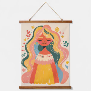 Tapiz Con Marco De Madera Mujer Niña Lindo Boho Ilustración Floral