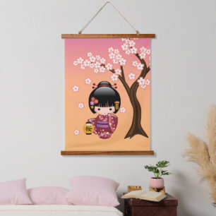 Tapiz Con Marco De Madera Muñeca Kokeshi de Sakura - Muchacha Geisha en Melo