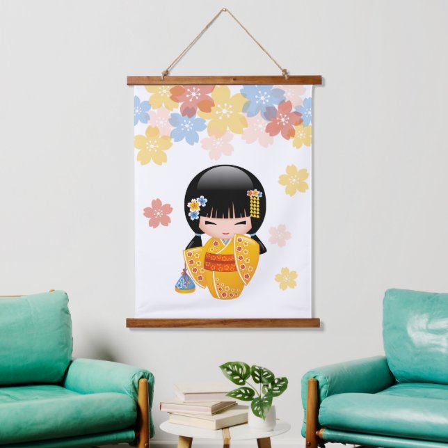Tapiz Con Marco De Madera Muñeca kokeshi de verano - Chica Geisha de Kimono  (Sala de estar)