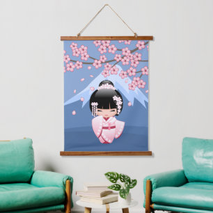 Tapiz Con Marco De Madera Muñeca Kokeshi kimono blanca - Chica Geisha lindo