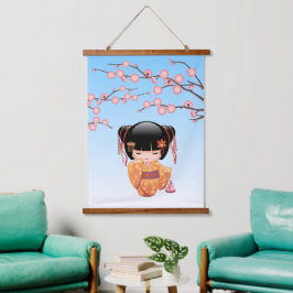 Tapiz Con Marco De Madera Muñeca Kokeshi Ume - Geisha Japonesa Azul