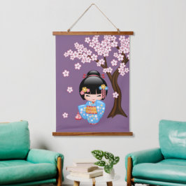 Tapiz Con Marco De Madera Muñeca Maiko Kokeshi - Niña Geisha de Kimono Azul