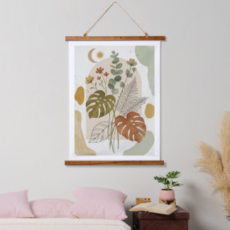 Tapiz Con Marco De Madera Mural botánico bohemio "Hojas de Monsteria"
