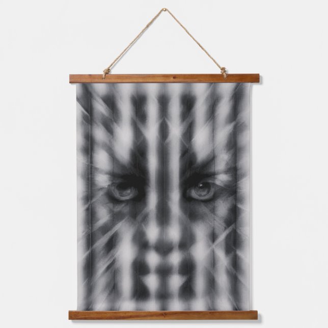 Tapiz Con Marco De Madera "Muro de rostros abstractos de misterio monocromo 